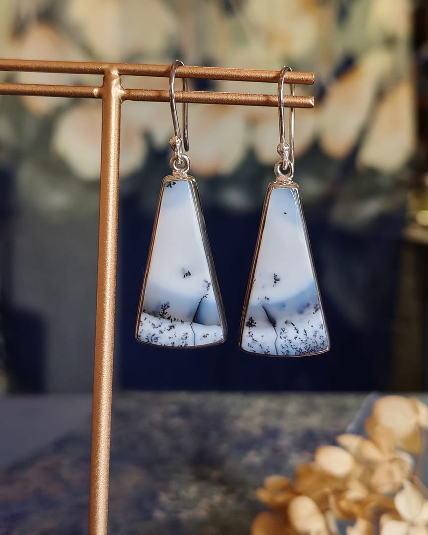 Dendritic Agate Earrings Long Wedge